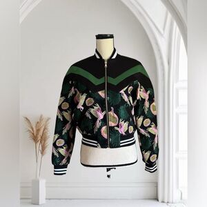 Bebe Black and Green Patterned Bomber Jacket